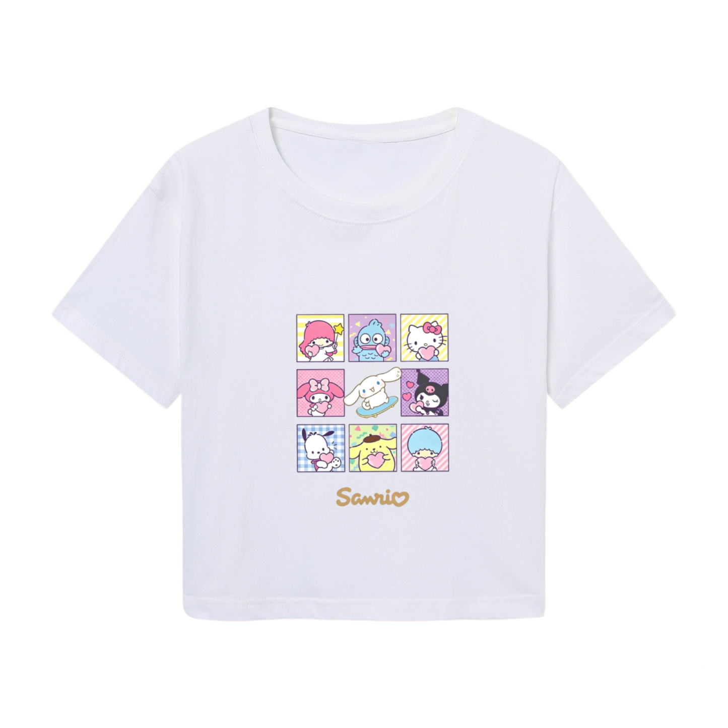 Sanrio All?Character Grid Print Cute White Cropped Tee