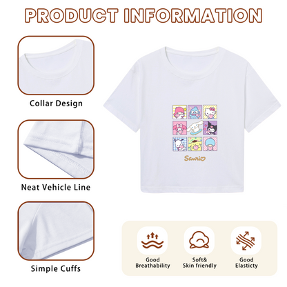 Sanrio All?Character Grid Print Cute White Cropped Tee