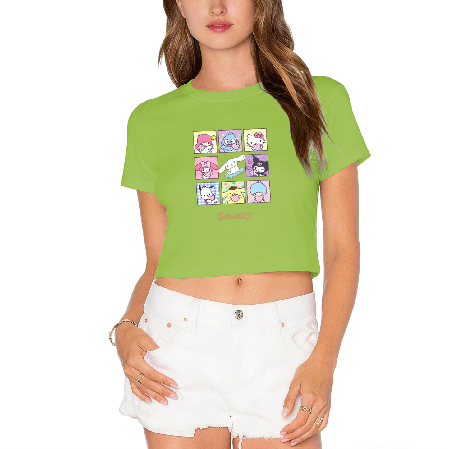 Sanrio All?Character Grid Print Cute White Cropped Tee