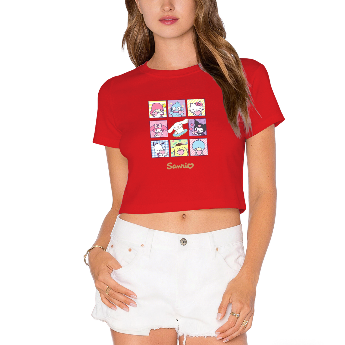 Sanrio All?Character Grid Print Cute White Cropped Tee