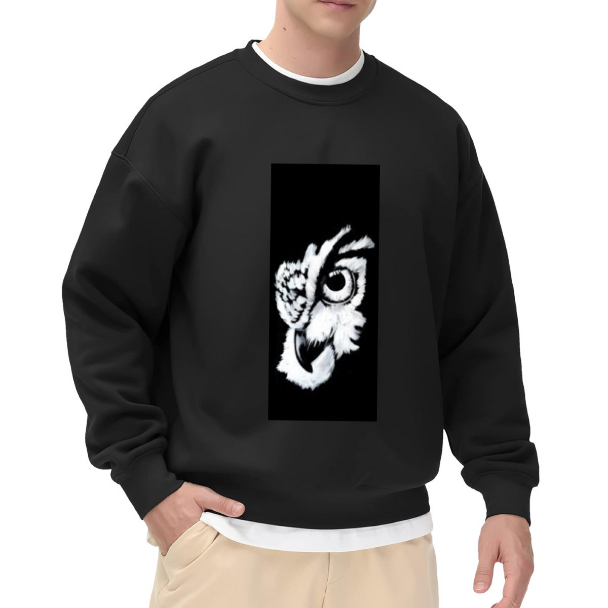 Monochrome Artistic Owl Head Design Crewneck Sweatshirt for Nature Lovers, Vintage Wildlife Bird Graphic Pullover, Birdwatcher Gift Idea