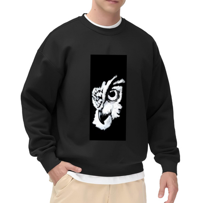 Monochrome Artistic Owl Head Design Crewneck Sweatshirt for Nature Lovers, Vintage Wildlife Bird Graphic Pullover, Birdwatcher Gift Idea