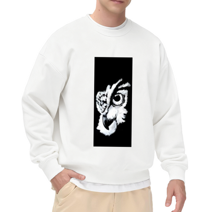 Monochrome Artistic Owl Head Design Crewneck Sweatshirt for Nature Lovers, Vintage Wildlife Bird Graphic Pullover, Birdwatcher Gift Idea
