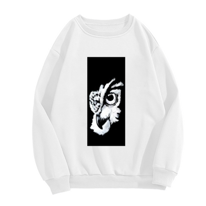 Monochrome Artistic Owl Head Design Crewneck Sweatshirt for Nature Lovers, Vintage Wildlife Bird Graphic Pullover, Birdwatcher Gift Idea