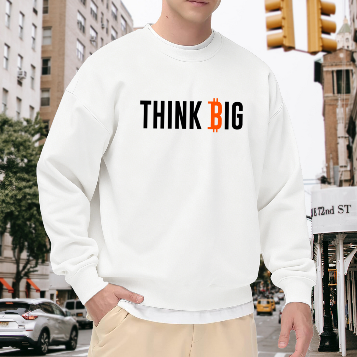 Think Big Bitcoin Symbol Crypto Crewneck Sweatshirt | BTC Motivational Finance Pullover, Crypto Investor Gift