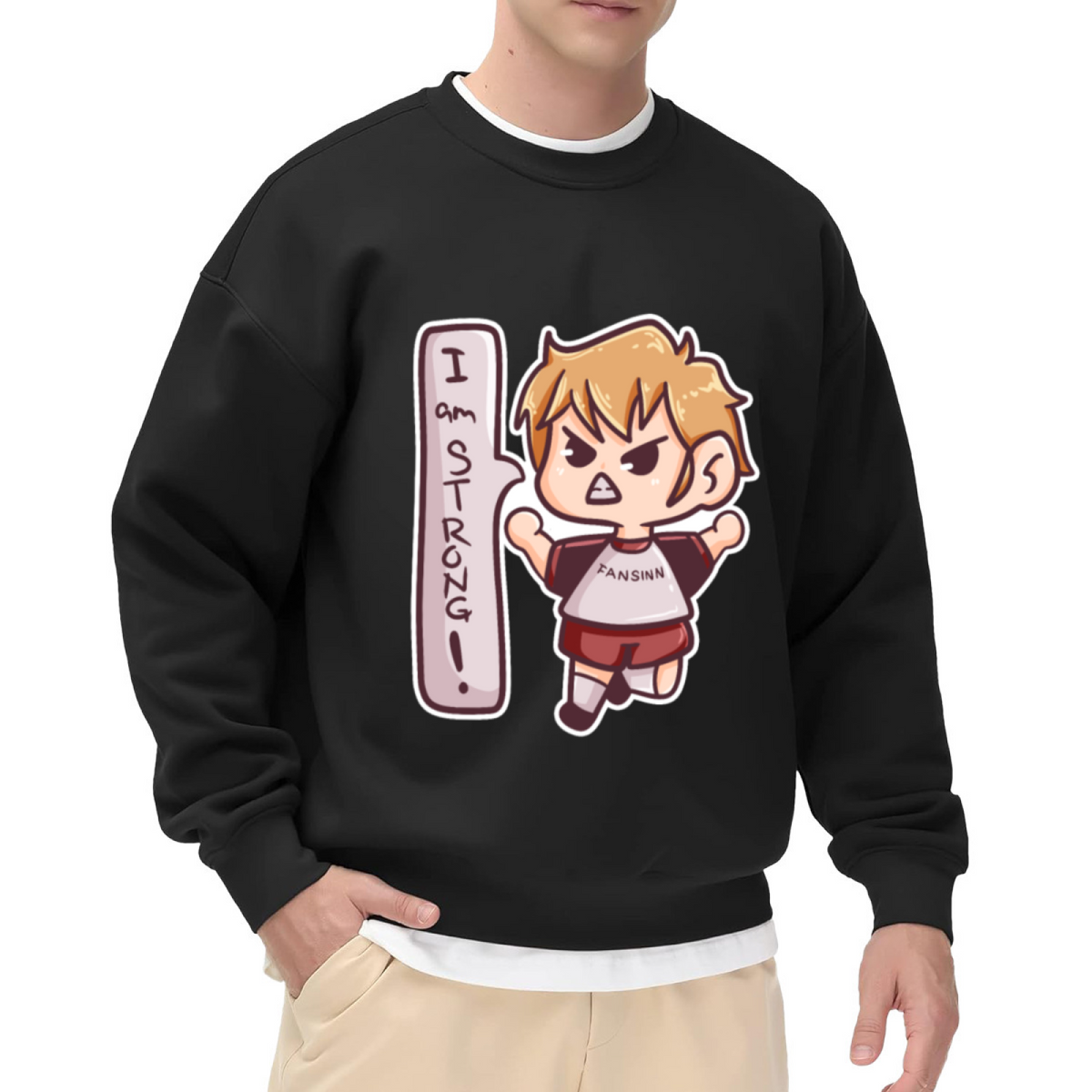 I Am Strong Cartoon Boy Crewneck Sweatshirt | Cute Kids Motivational Pullover, Playful Jumping Character Graphic Top, Gift for Kids