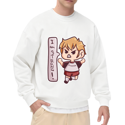 I Am Strong Cartoon Boy Crewneck Sweatshirt | Cute Kids Motivational Pullover, Playful Jumping Character Graphic Top, Gift for Kids