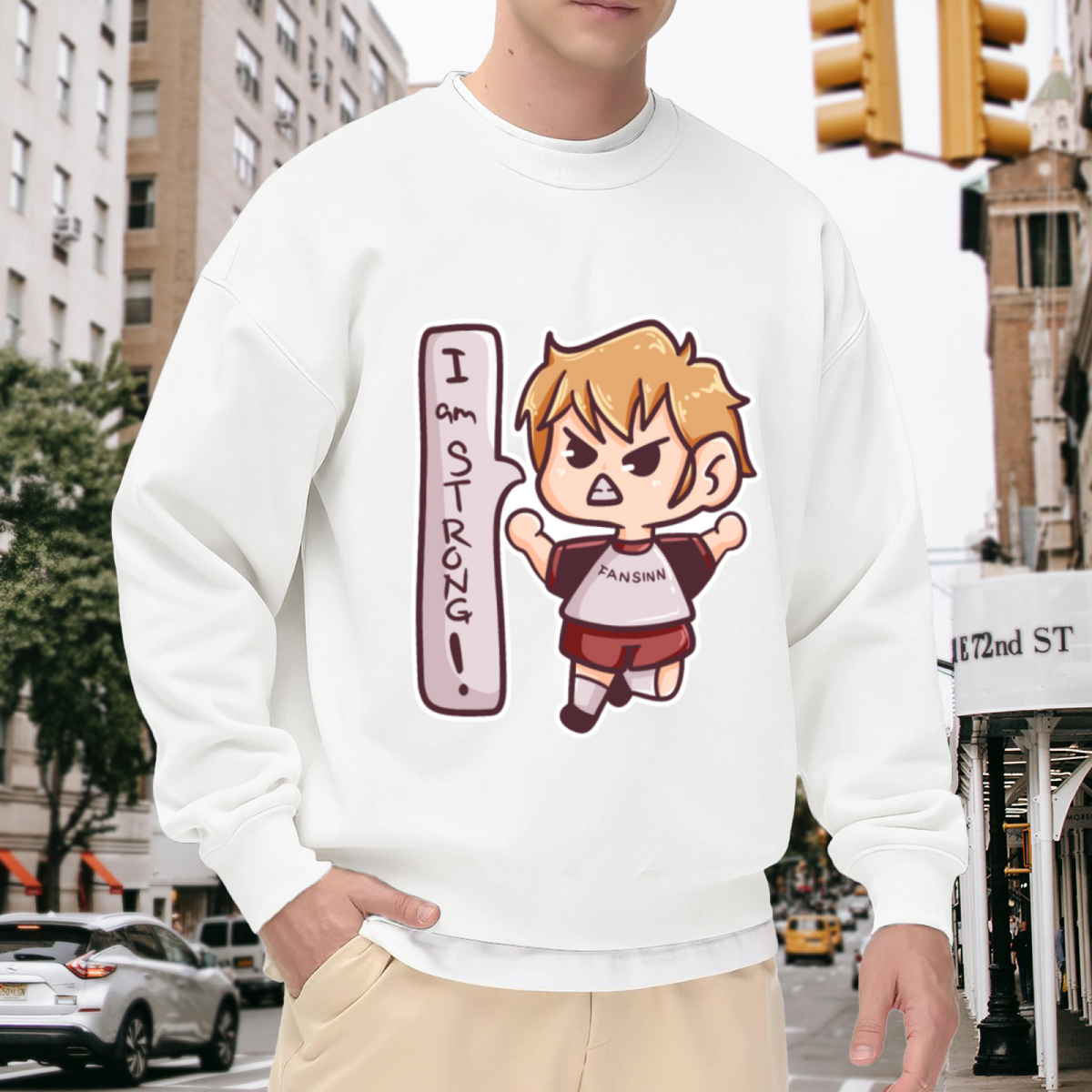 I Am Strong Cartoon Boy Crewneck Sweatshirt | Cute Kids Motivational Pullover, Playful Jumping Character Graphic Top, Gift for Kids