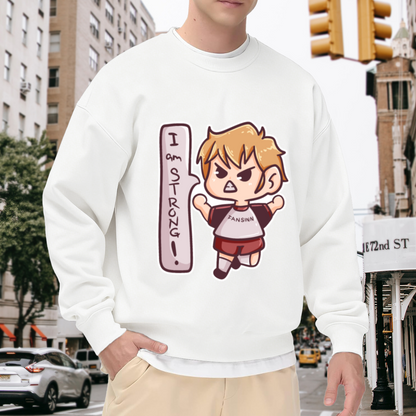 I Am Strong Cartoon Boy Crewneck Sweatshirt | Cute Kids Motivational Pullover, Playful Jumping Character Graphic Top, Gift for Kids