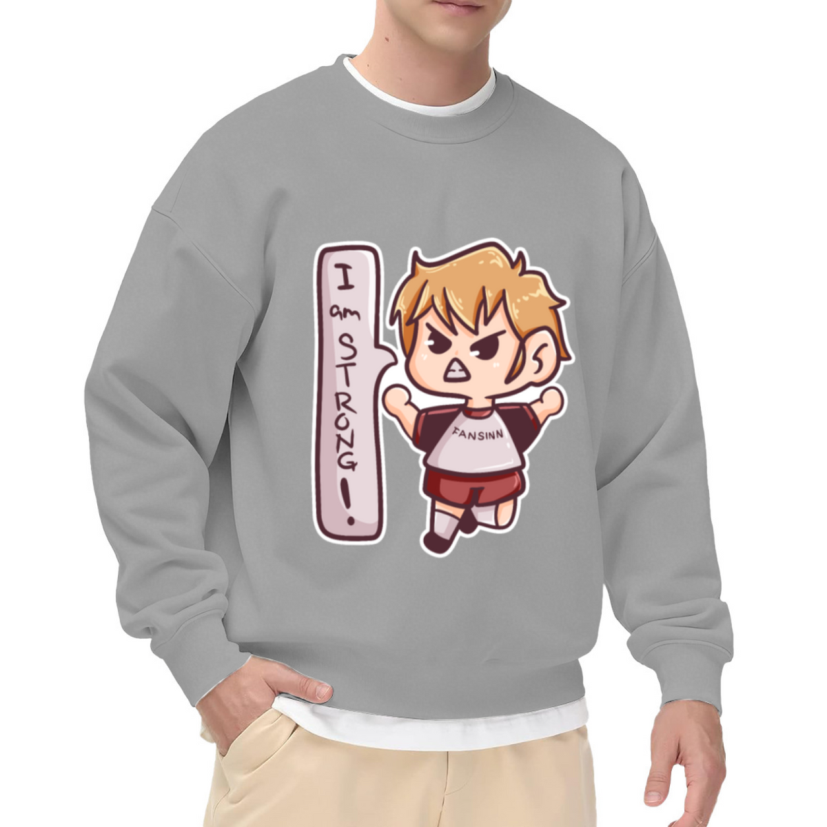 I Am Strong Cartoon Boy Crewneck Sweatshirt | Cute Kids Motivational Pullover, Playful Jumping Character Graphic Top, Gift for Kids