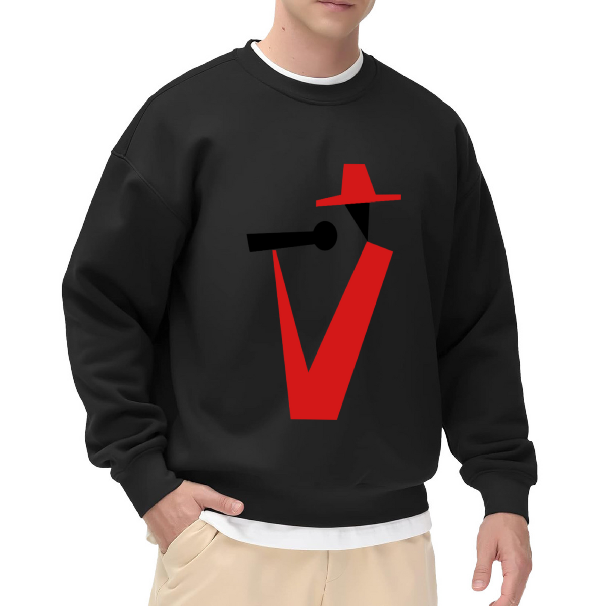 Stylized Figure Wide Brim Hat Crewneck Sweatshirt, Minimalist Profile Character Pullover, Abstract Art Gift