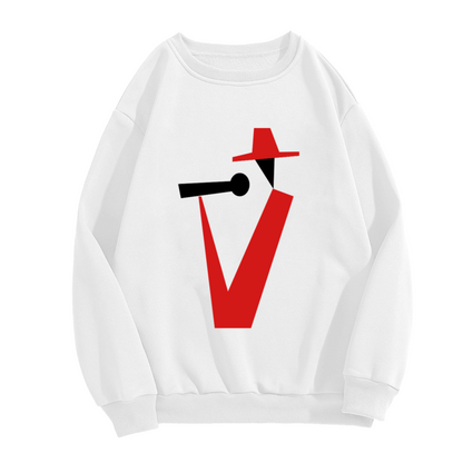 Stylized Figure Wide Brim Hat Crewneck Sweatshirt, Minimalist Profile Character Pullover, Abstract Art Gift