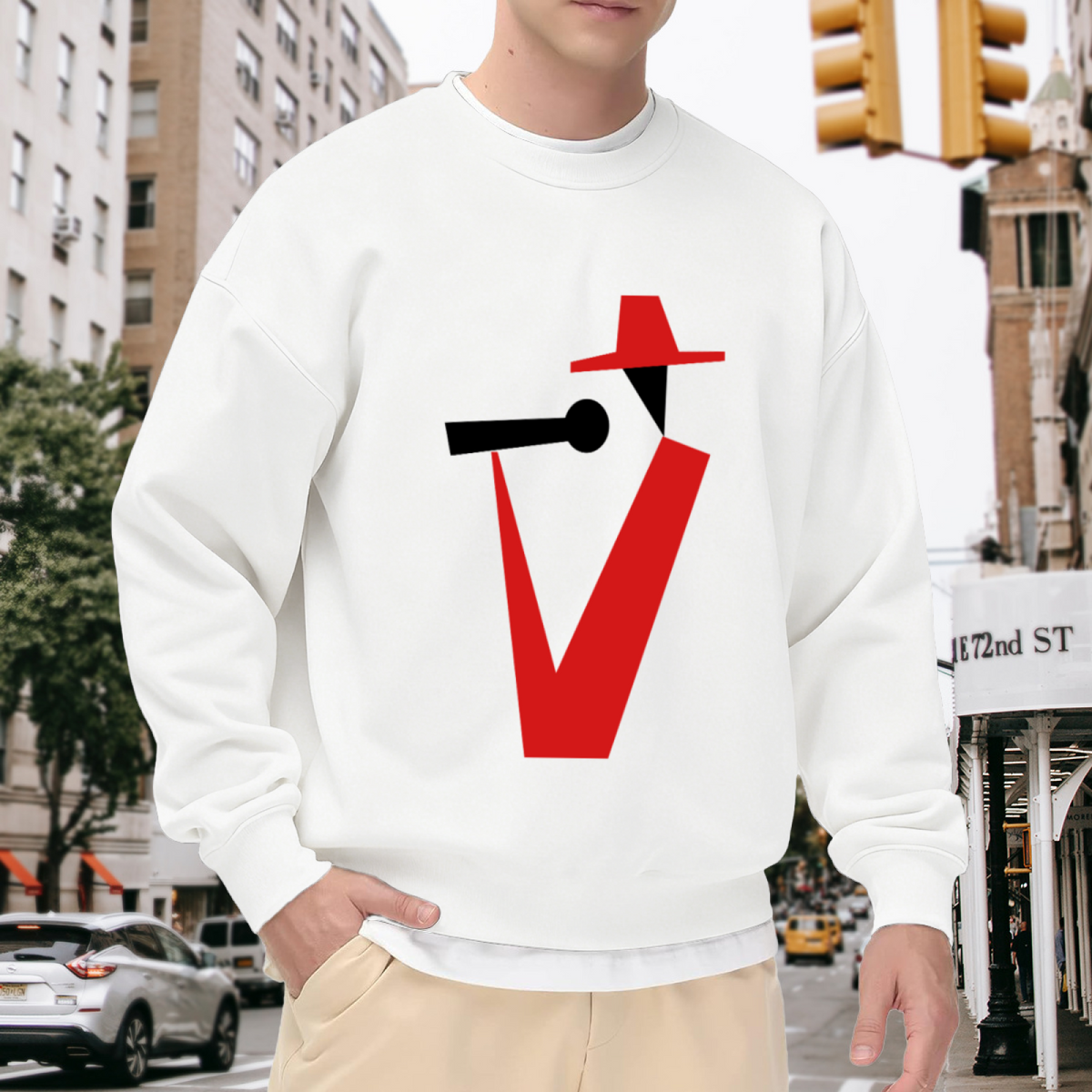 Stylized Figure Wide Brim Hat Crewneck Sweatshirt, Minimalist Profile Character Pullover, Abstract Art Gift