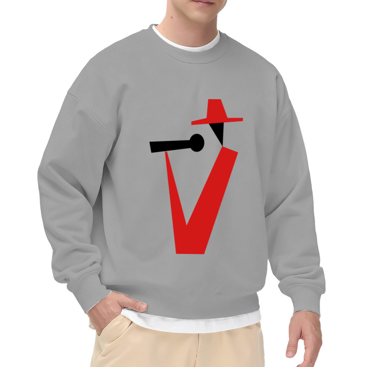 Stylized Figure Wide Brim Hat Crewneck Sweatshirt, Minimalist Profile Character Pullover, Abstract Art Gift