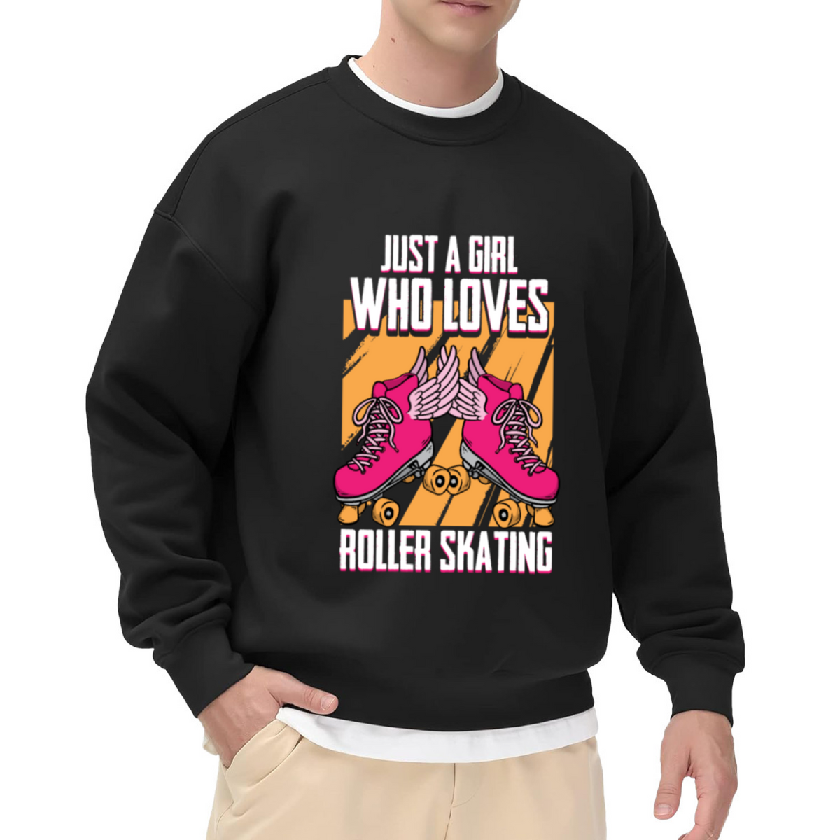 Just A Girl Who Loves Roller Skating Crewneck Sweatshirt - Retro Winged Roller Skate Graphic, 70s Skater Gift Pullover