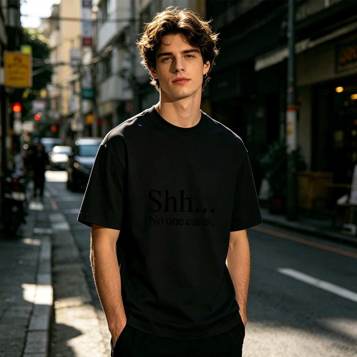 Men's Dark Print Shh No One Cares Simple Slogan Street Tee