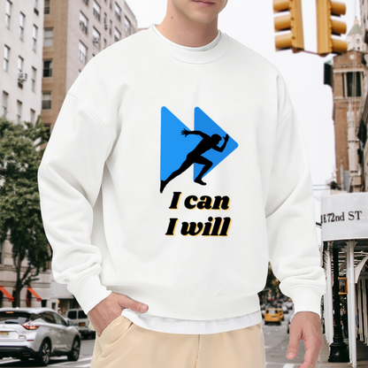 I Can I Will Runner Fast Forward Motivational Crewneck Sweatshirt | Running Silhouette Athletic Graphic Pullover, Fitness Gym Gift