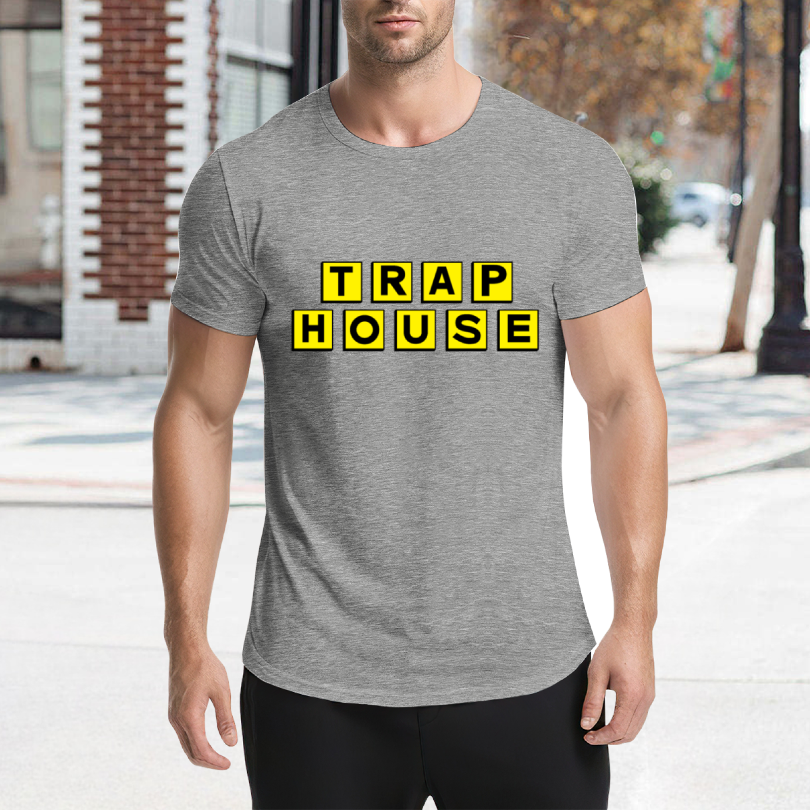 TRAP HOUSE Yellow Block Letter Hip Hop Grey Tee