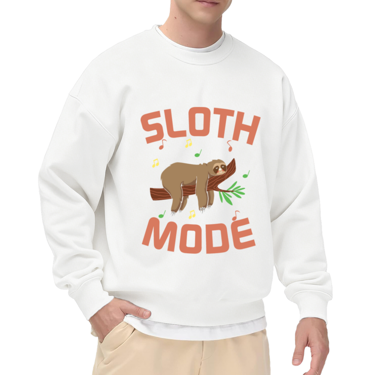 Sloth Mode Crewneck Sweatshirt | Cute Cartoon Sloth Pullover, Funny Music Note Animal Graphic Top, Cozy Gift