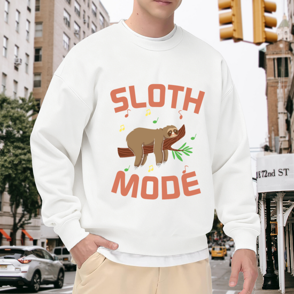 Sloth Mode Crewneck Sweatshirt | Cute Cartoon Sloth Pullover, Funny Music Note Animal Graphic Top, Cozy Gift