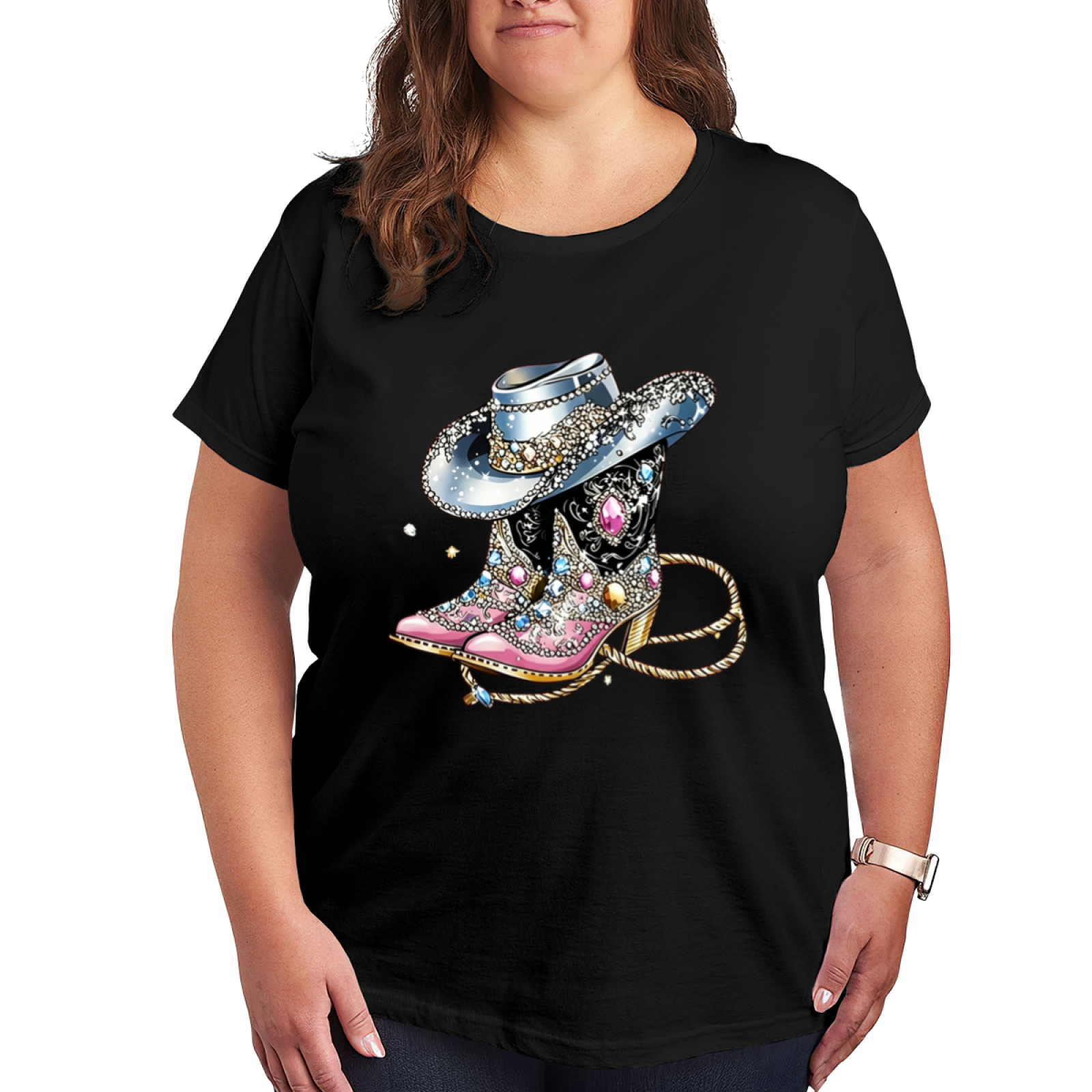 Bling Rhinestone Cowgirl Boots Western Retro Tee