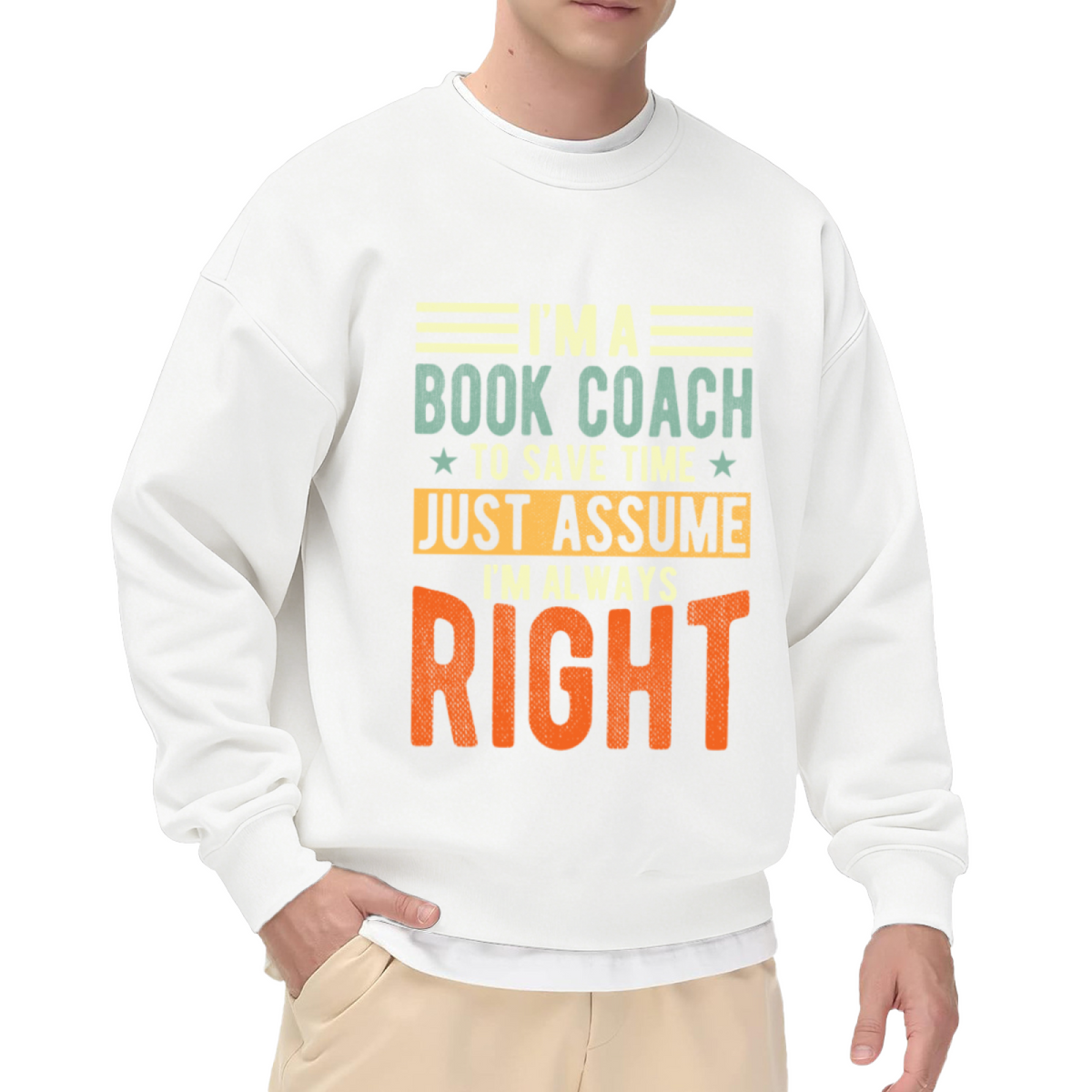 Book Coach Just Assume I'm Always Right Crewneck Sweatshirt | Funny Reading Quote Pullover, Retro Star Stripe Graphic Top, Book Lover Gift