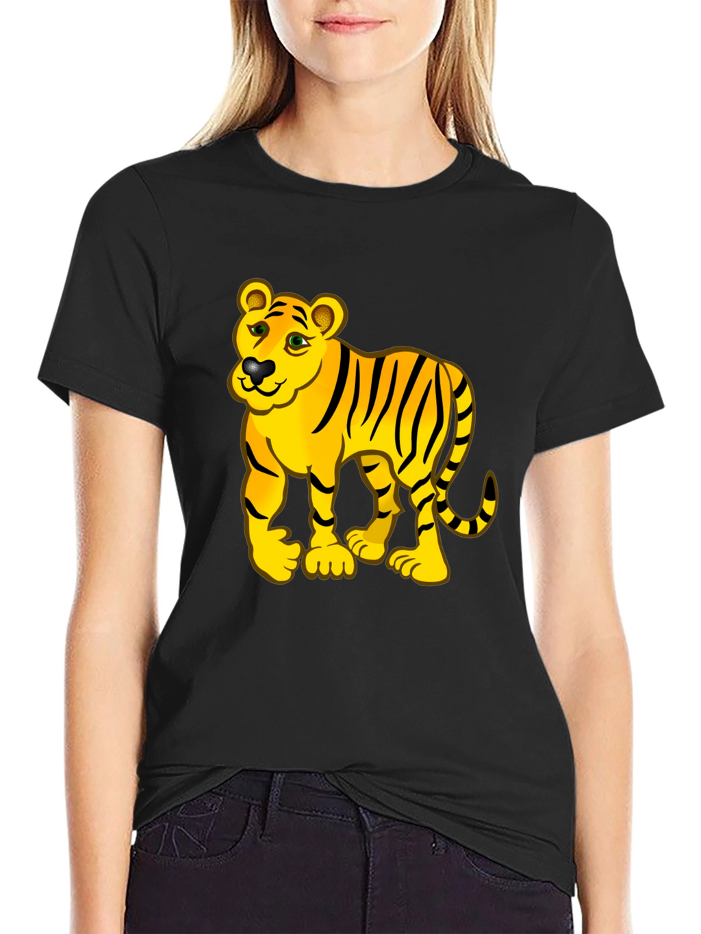 Cartoon Tiger Graphic Black Tee Shirt