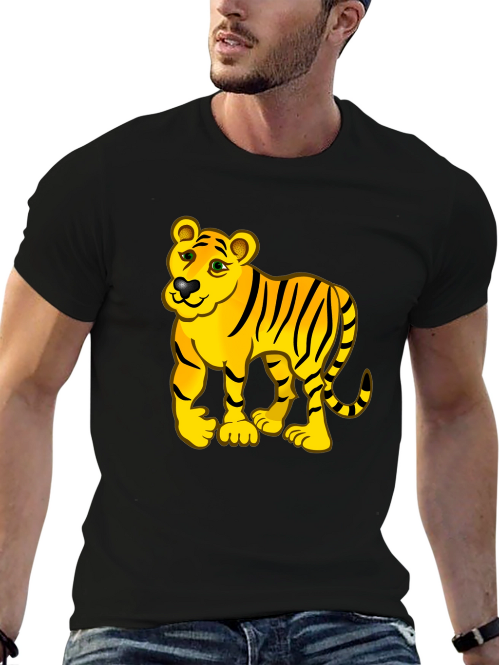 Cartoon Tiger Graphic Black Tee Shirt