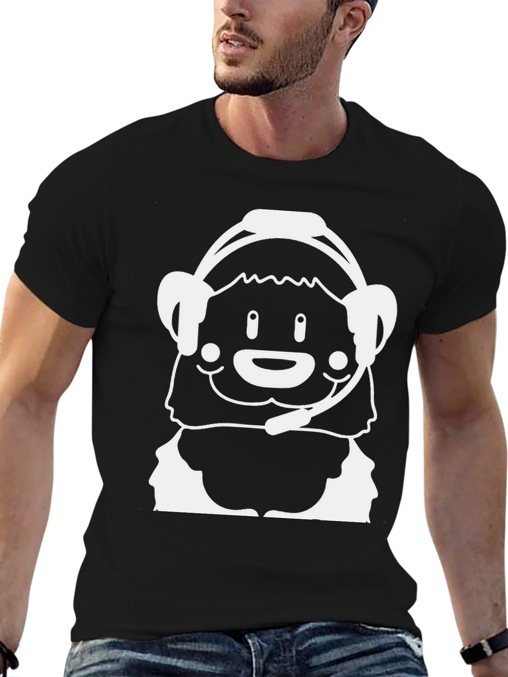 Cartoon Bear Gamer Black T-Shirt