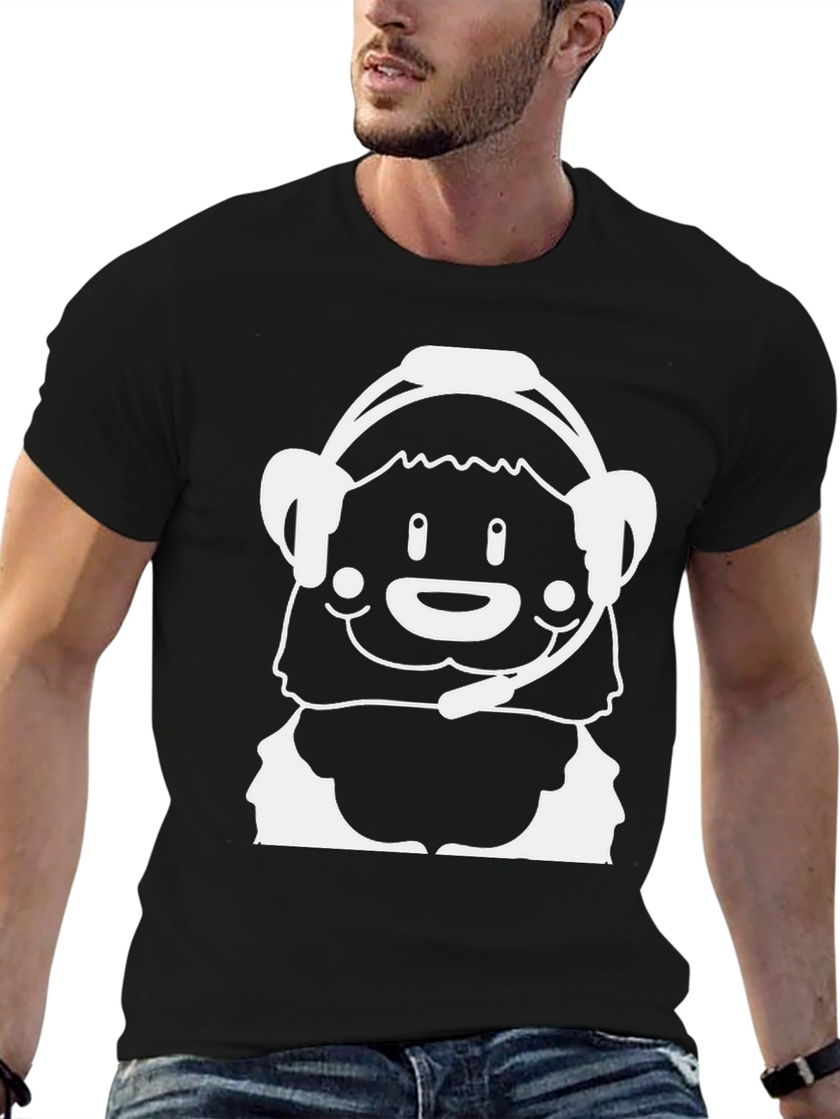 Cartoon Bear Gamer Black T-Shirt
