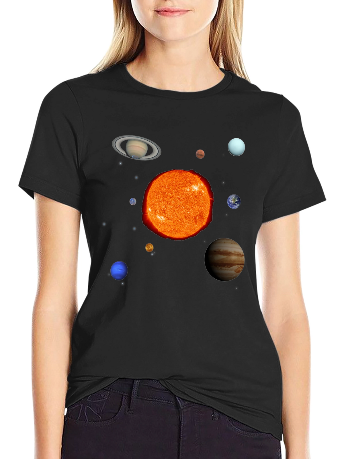 Solar System Planets Graphic Print Black T-Shirt