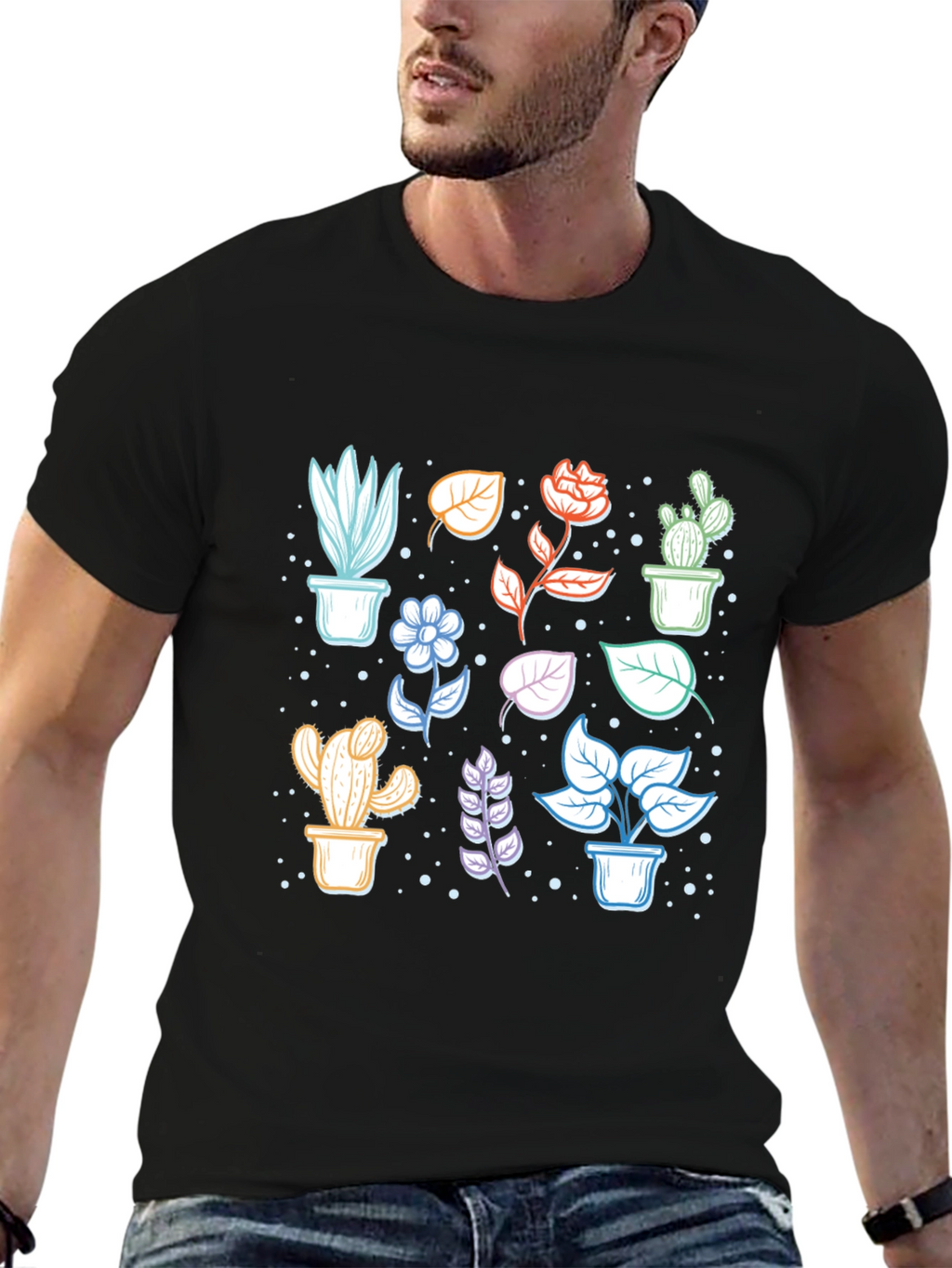 Botanical Plant Print Black T-Shirt