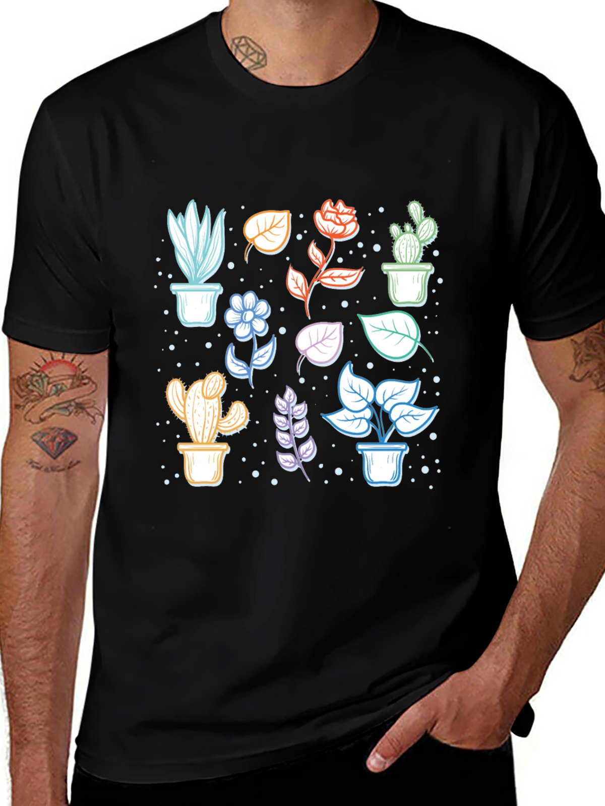 Botanical Plant Print Black T-Shirt