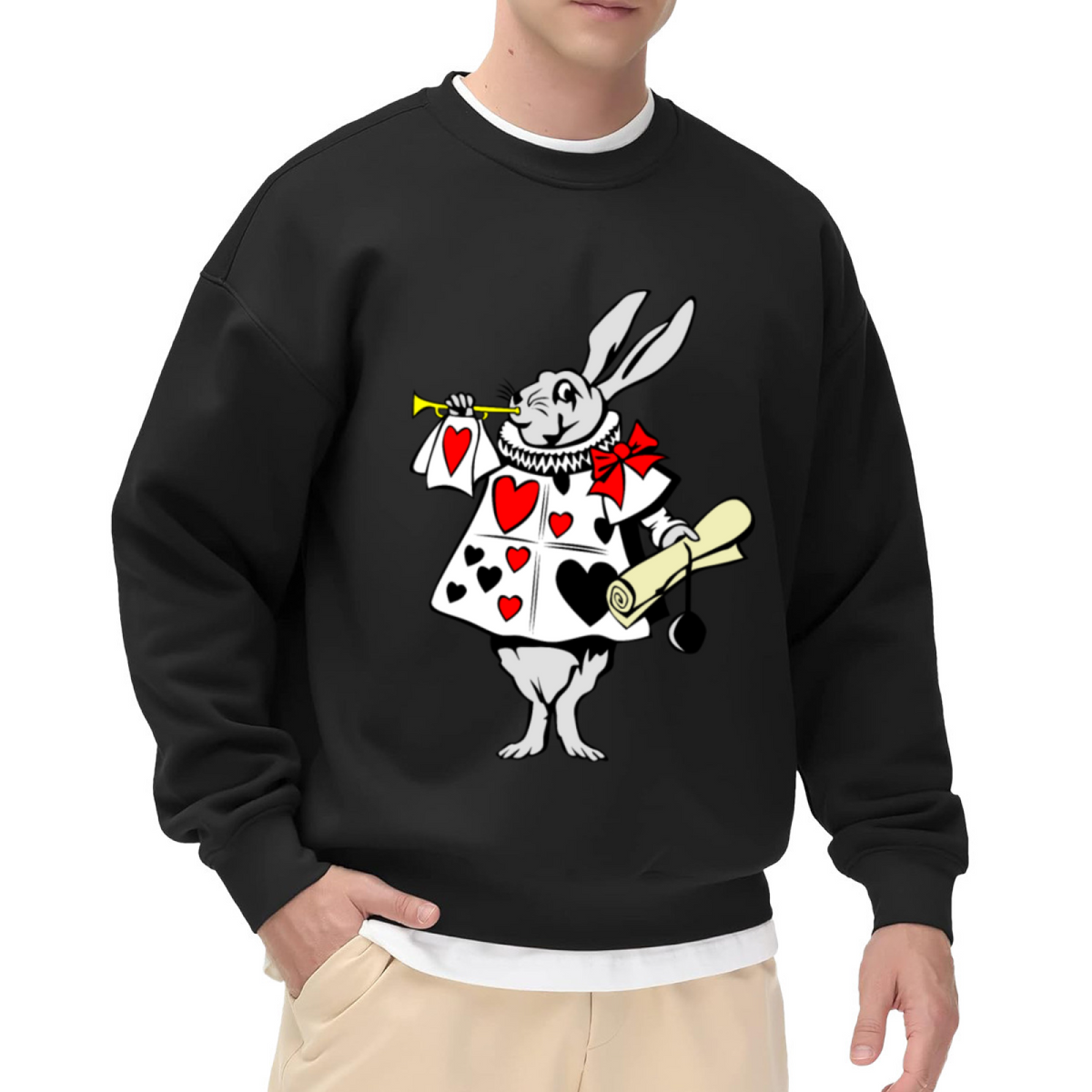 White Rabbit Herald Trumpet Storybook Crewneck Sweatshirt | Whimsical Wonderland Card Soldier Graphic Pullover, Book Lover Gift