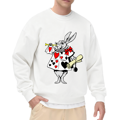 White Rabbit Herald Trumpet Storybook Crewneck Sweatshirt | Whimsical Wonderland Card Soldier Graphic Pullover, Book Lover Gift