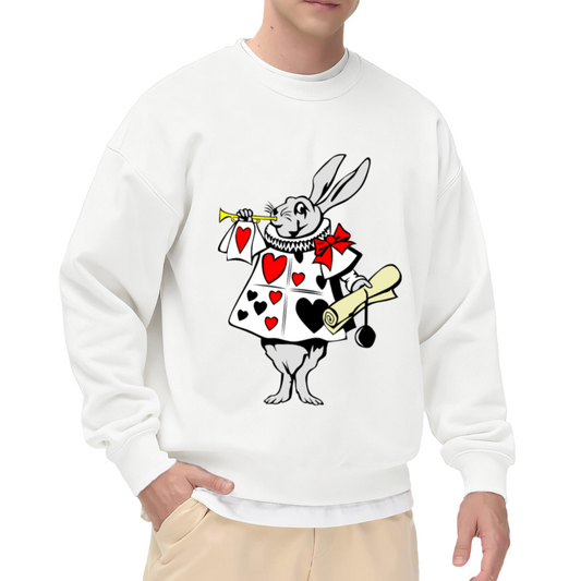 White Rabbit Herald Trumpet Storybook Crewneck Sweatshirt | Whimsical Wonderland Card Soldier Graphic Pullover, Book Lover Gift