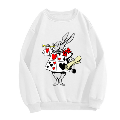 White Rabbit Herald Trumpet Storybook Crewneck Sweatshirt | Whimsical Wonderland Card Soldier Graphic Pullover, Book Lover Gift