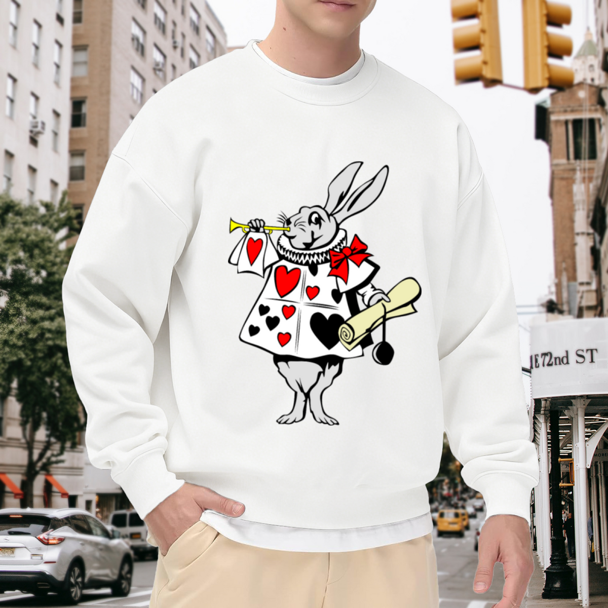 White Rabbit Herald Trumpet Storybook Crewneck Sweatshirt | Whimsical Wonderland Card Soldier Graphic Pullover, Book Lover Gift