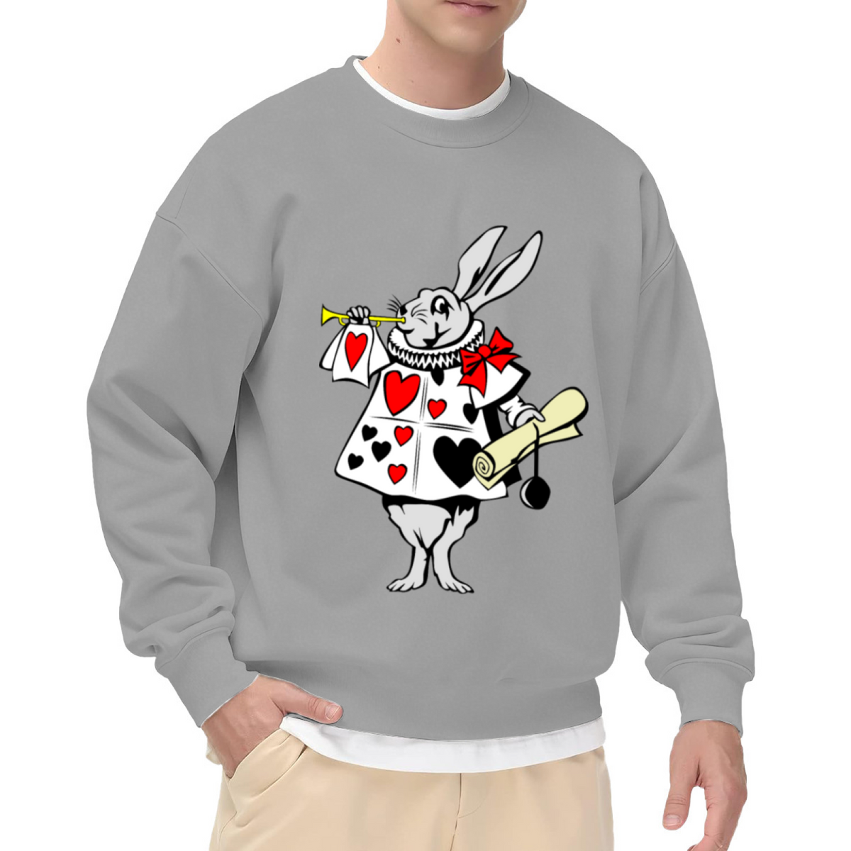 White Rabbit Herald Trumpet Storybook Crewneck Sweatshirt | Whimsical Wonderland Card Soldier Graphic Pullover, Book Lover Gift