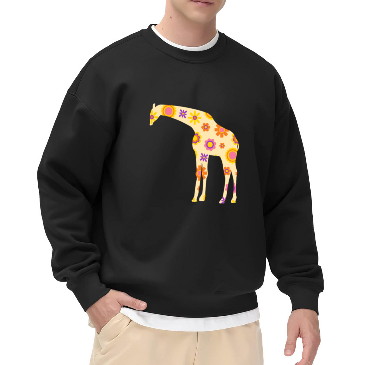 Floral Giraffe Silhouette Crewneck Sweatshirt, Retro Flower Pattern Pullover, Hippie Animal Gift