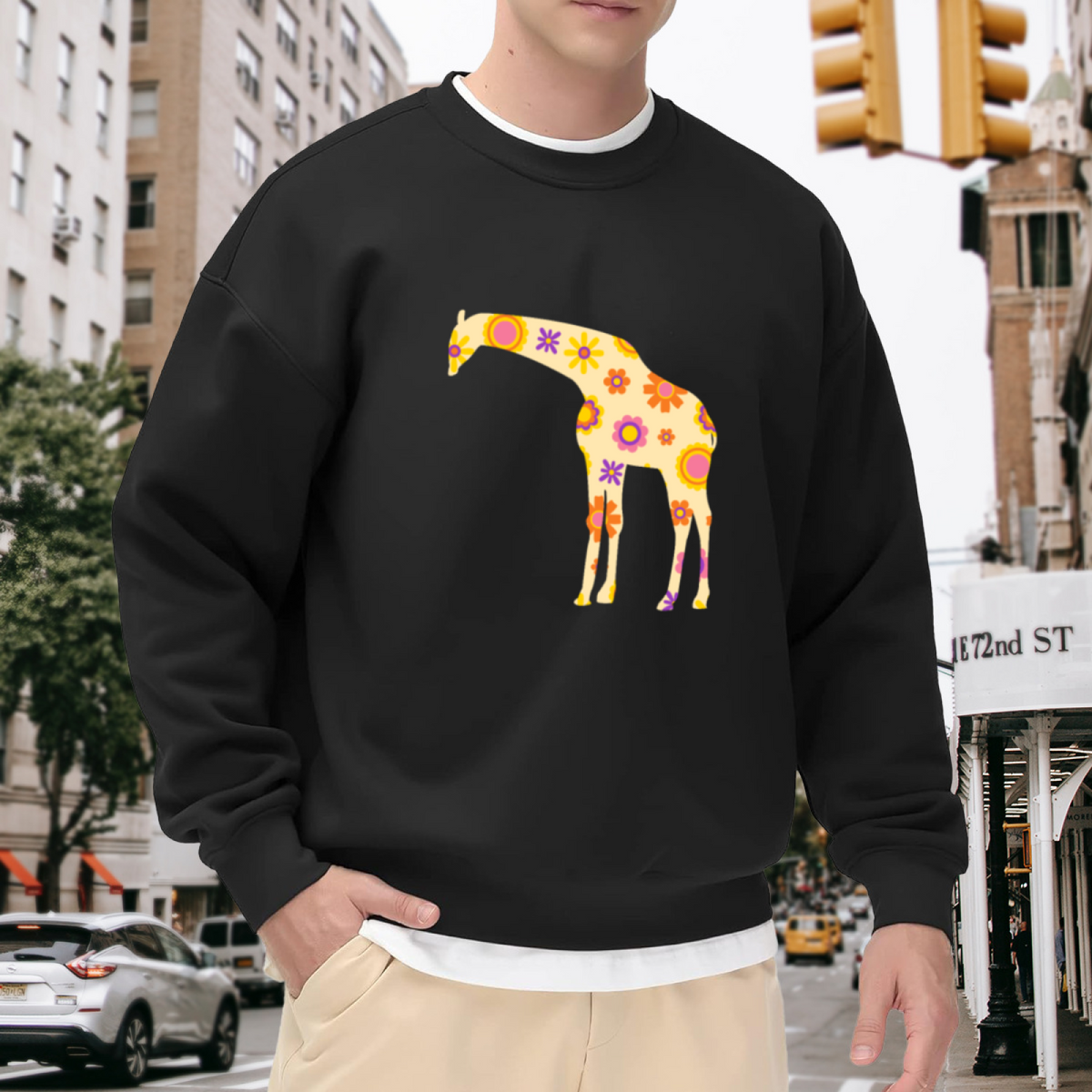 Floral Giraffe Silhouette Crewneck Sweatshirt, Retro Flower Pattern Pullover, Hippie Animal Gift