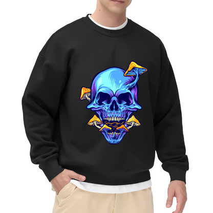 Neon Skull Mushroom Sweatshirt | Psychedelic Glowing Skull Graphic Crewneck, Dark Trippy Art Pullover Top, Halloween Gift for Men Women