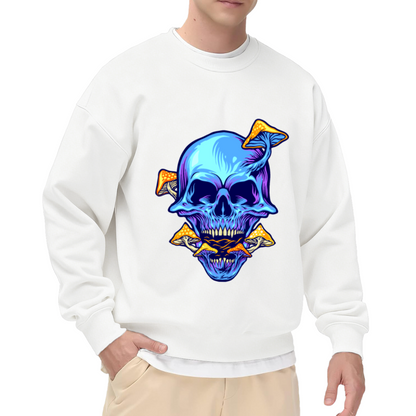 Neon Skull Mushroom Sweatshirt | Psychedelic Glowing Skull Graphic Crewneck, Dark Trippy Art Pullover Top, Halloween Gift for Men Women