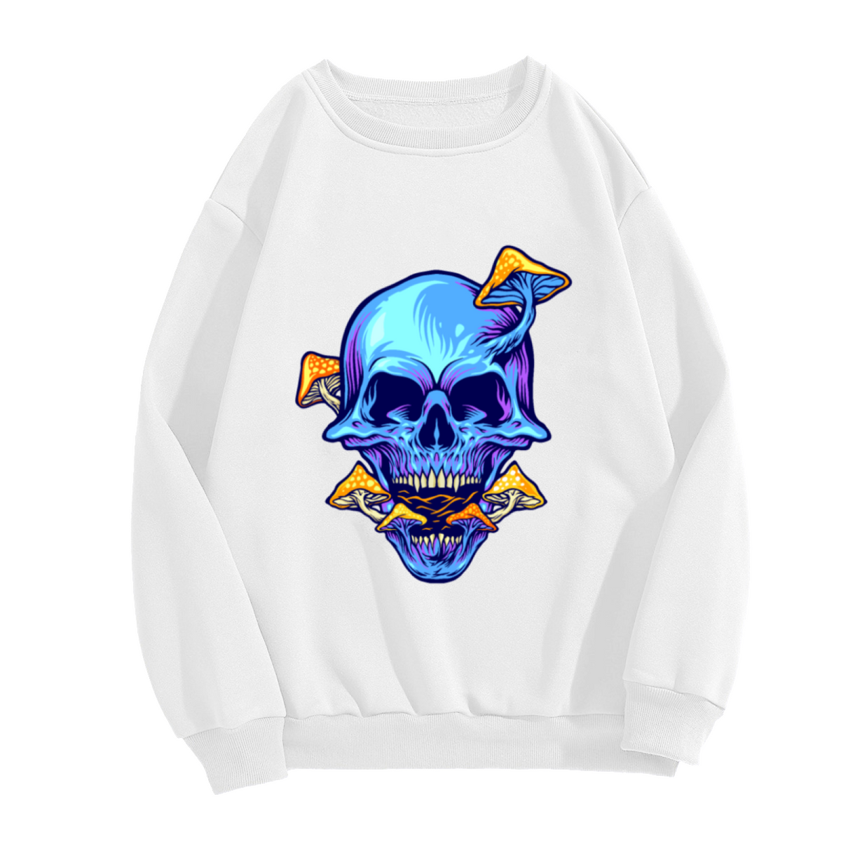 Neon Skull Mushroom Sweatshirt | Psychedelic Glowing Skull Graphic Crewneck, Dark Trippy Art Pullover Top, Halloween Gift for Men Women