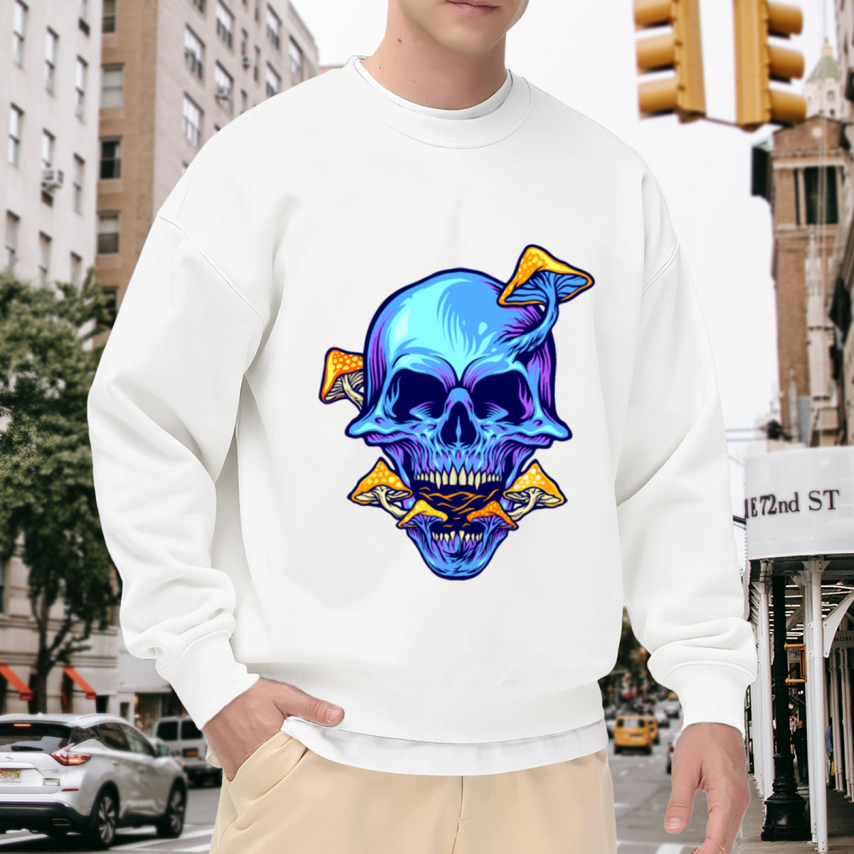 Neon Skull Mushroom Sweatshirt | Psychedelic Glowing Skull Graphic Crewneck, Dark Trippy Art Pullover Top, Halloween Gift for Men Women