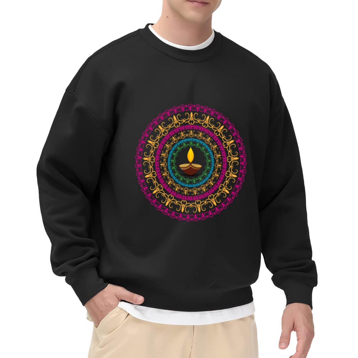 Ethnic Inspired Circular Mandala Pattern with Central Diya Lamp in Bright Colors Design Crewneck Sweatshirt