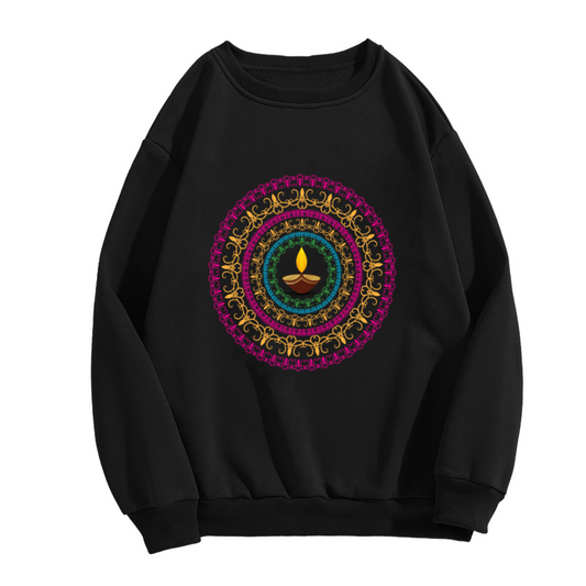 Ethnic Inspired Circular Mandala Pattern with Central Diya Lamp in Bright Colors Design Crewneck Sweatshirt