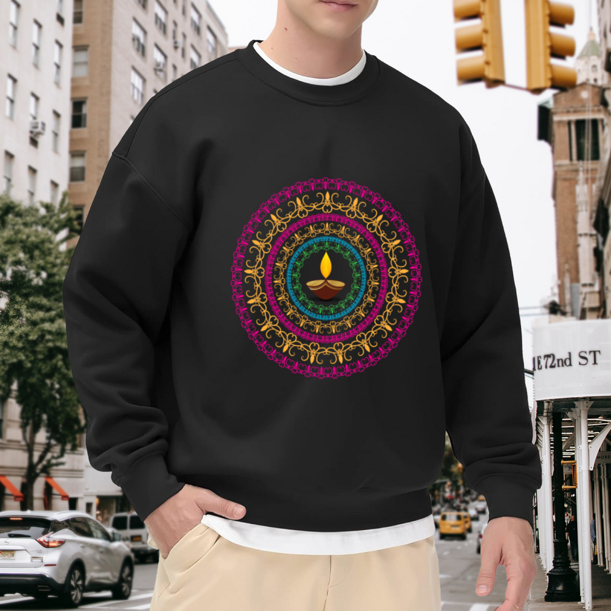 Ethnic Inspired Circular Mandala Pattern with Central Diya Lamp in Bright Colors Design Crewneck Sweatshirt