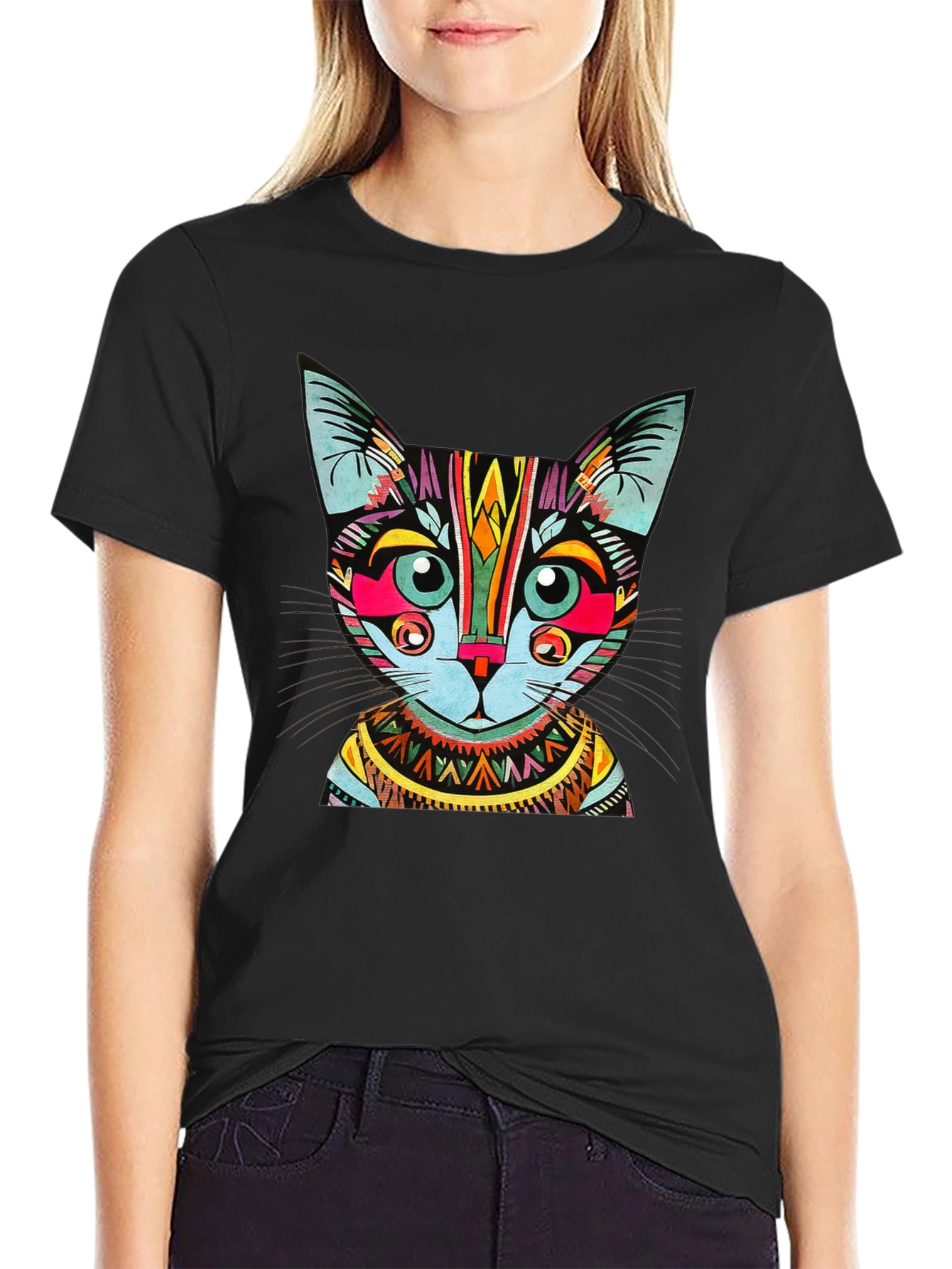 Colorful Geometric Cat Graphic T-Shirt