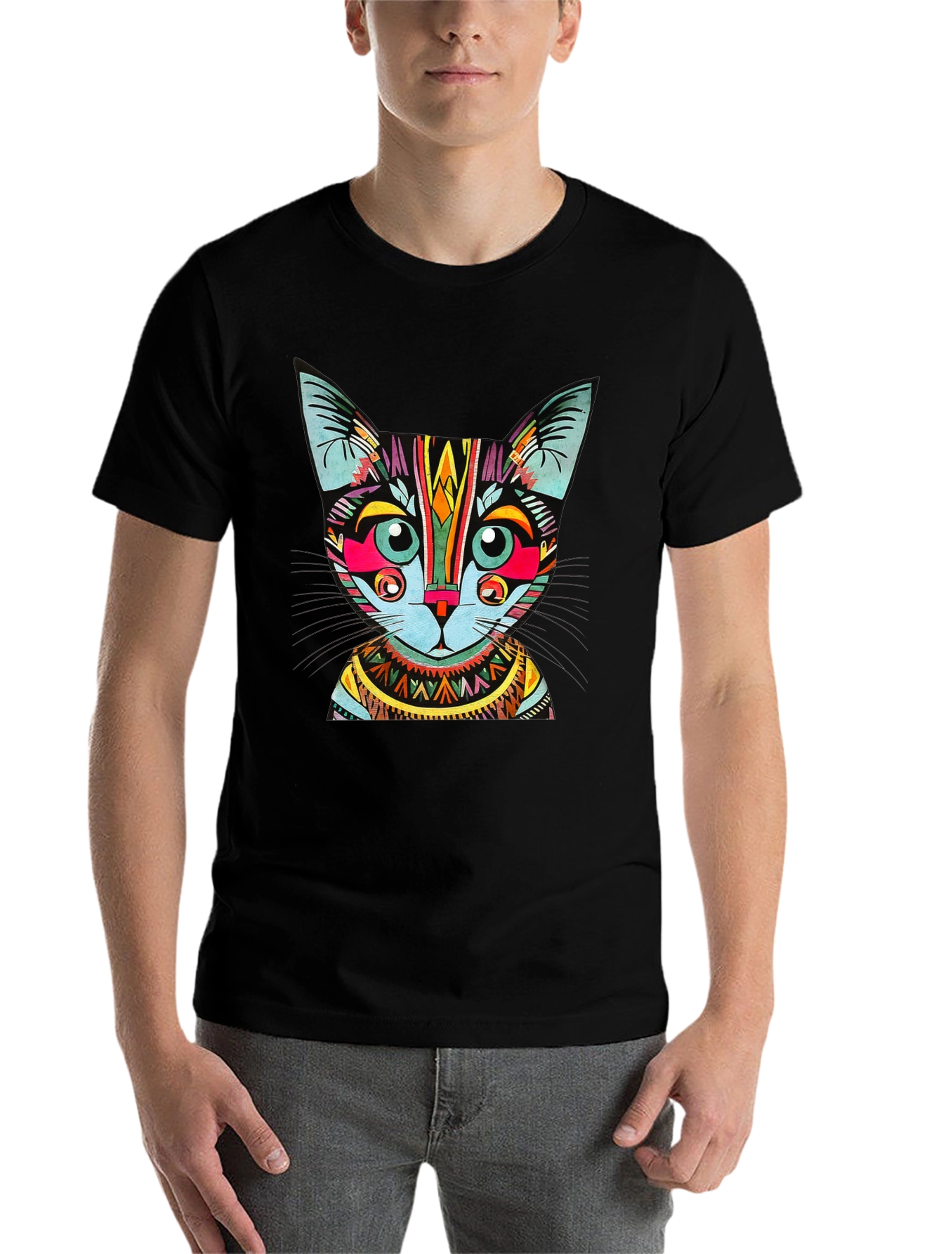 Colorful Geometric Cat Graphic T-Shirt